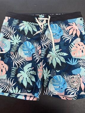 DIXXON Men’s Navy Tropical Print Board Shorts with Pastel Blue & Pink